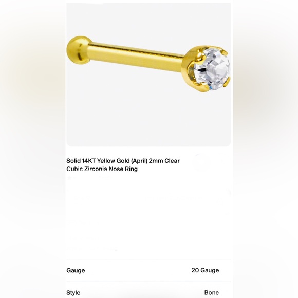 BRAND NEW Solid 14K Yellow Gold 2mm Clear Cubic Zirconia Nose Ring |20GAGE |BONE - Picture 2 of 2